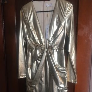 Meshki Gold Hazel Low Cut Long Sleeve Mini Dress